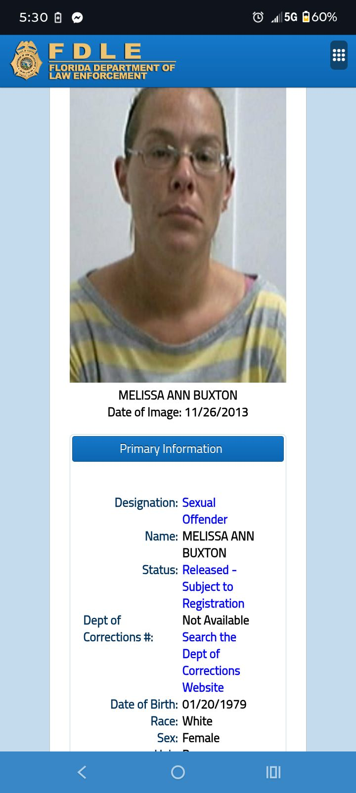 Official FDLE Record for Melissa Ann Buxton - Registered Sexual Offender